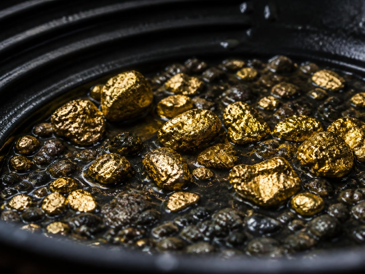 Coarse placer gold nuggets in a black gold pan