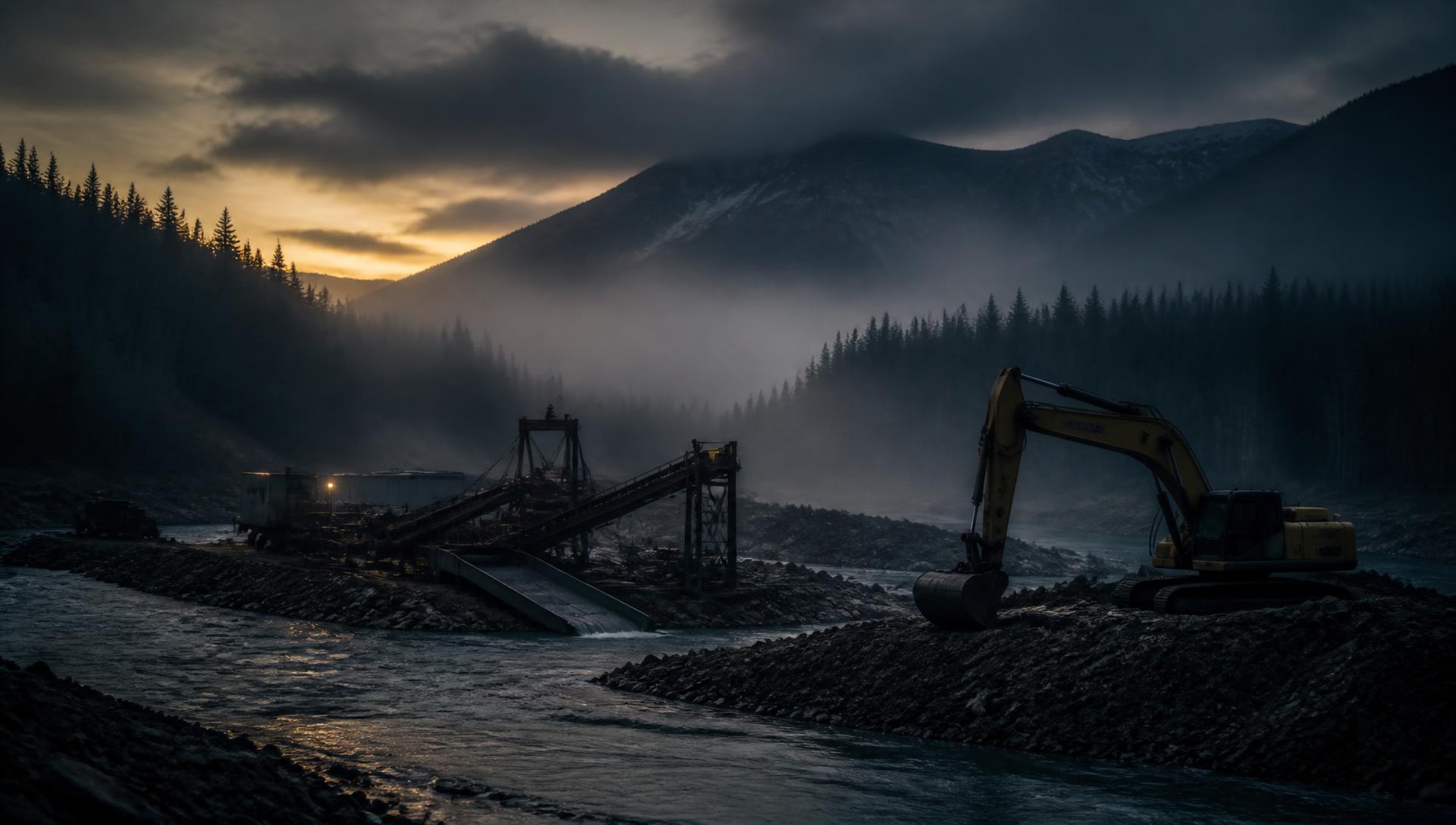 Placer gold mining cut and wash plant in a Yukon river valley at dawn